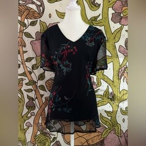Vintage Y2K Benjamin A Black Silk Floral Sheer Blouse Size 16